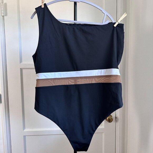 Nomads Coastal One Piece One Shoulder Swimsuit Black Brown Mesh Size 2XL - Picture 4 of 14